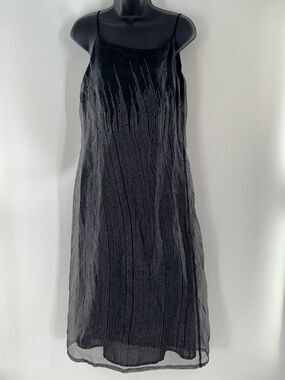 Linea Black Rhinestone-Trim Midi Slip Dress with Spaghetti Straps-Size 12
